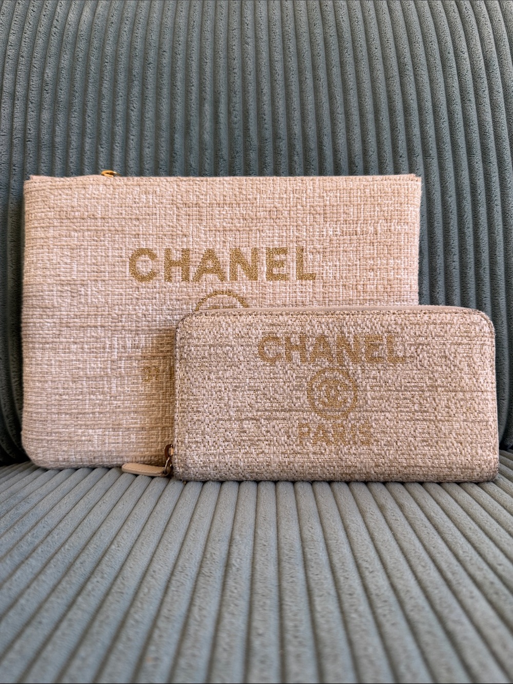 CHANEL Beige Tweed Zip Pouch and Wallet Set